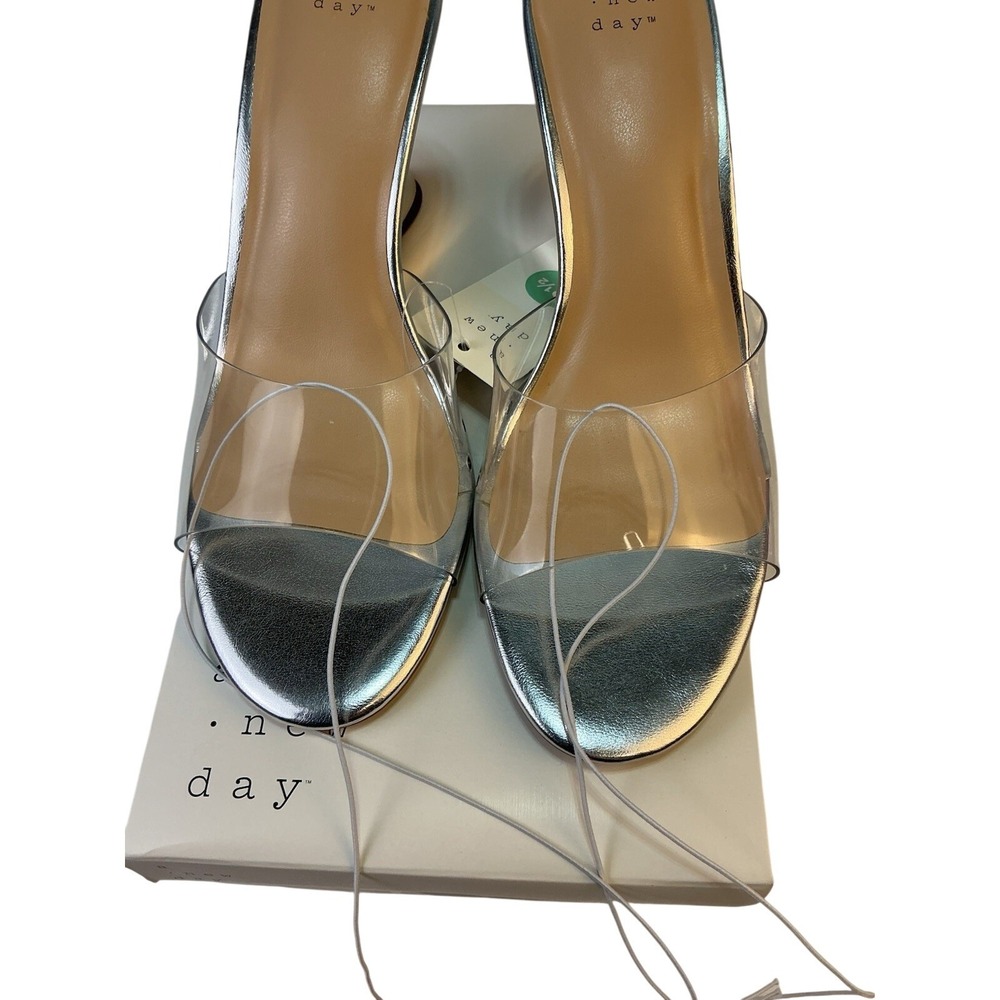 A‎ New Day Silver Sculpted Heel Mules Clear Strap Slide Sandals Women's Size 8.5